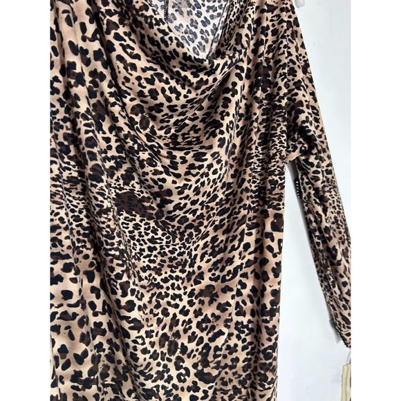 Dots Slit Sleeve Leopard Print Rhinestone Drape Mini Dress in Brown/Black - Sz L - Picture 3 of 7